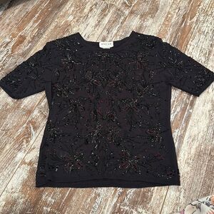 Vintage Oscar De La Renta Womens Size S Petite Beaded Sweater Black Short Sleeve